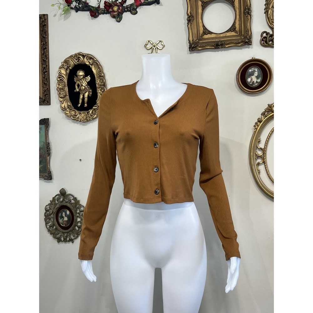 Wilfred Aritzia Caramel Brown Ribbed Knit Long Sleeve Button-Up Crop Top Size M